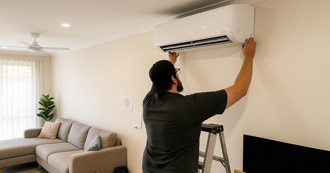 Mitch from Head West installing a wall-mounted split system in a Perth family home