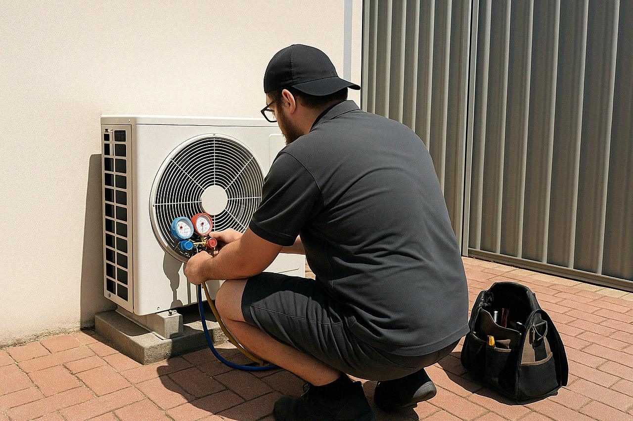 Mitch from Head West testing an outdoor unit with pressure gauges