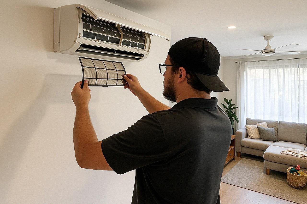 Mitch from Head West servicing a wall-mounted split system