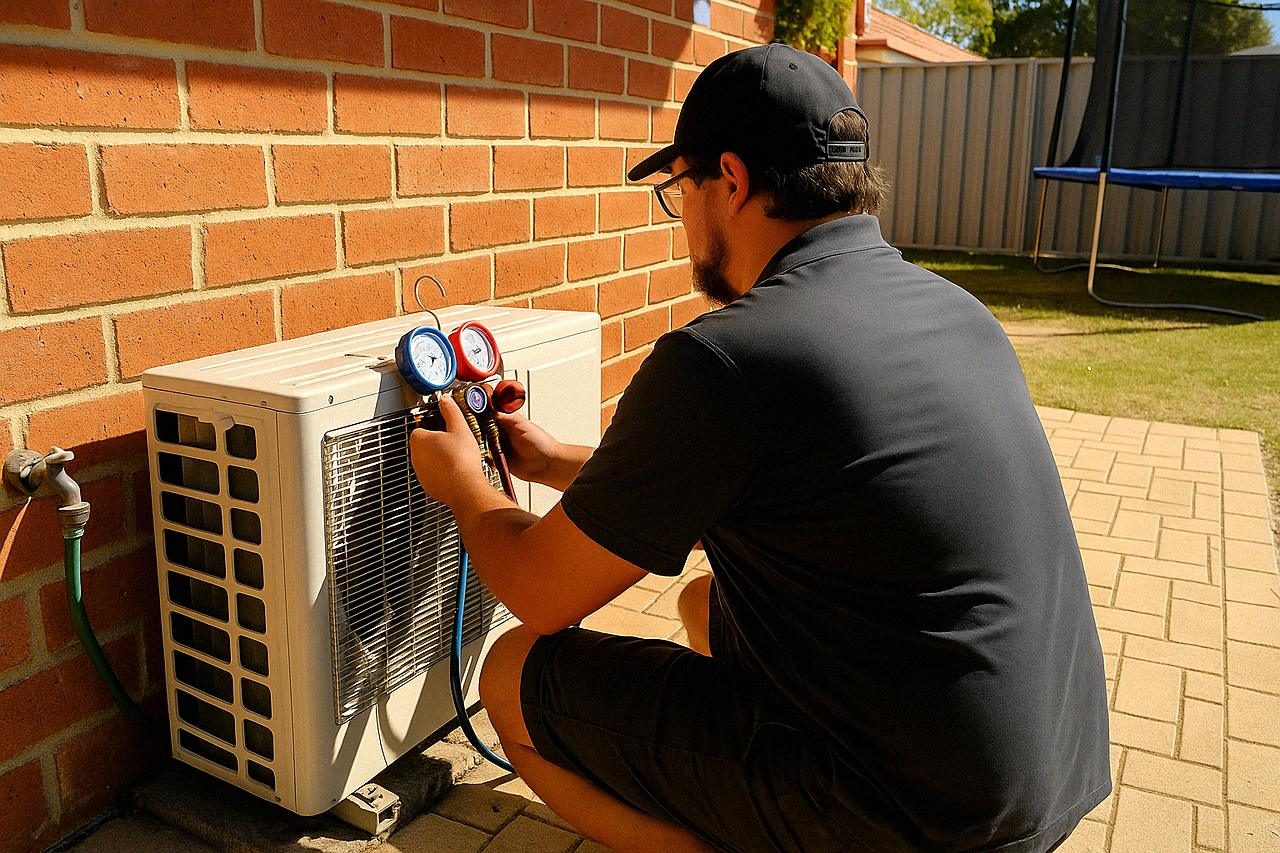 Mitch from Head West testing an outdoor unit in a Perth backyard